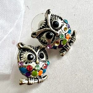 Owl Earrings Silver Multi color Rhinestones Gem 2cm Rainbow Colorful Jewelry